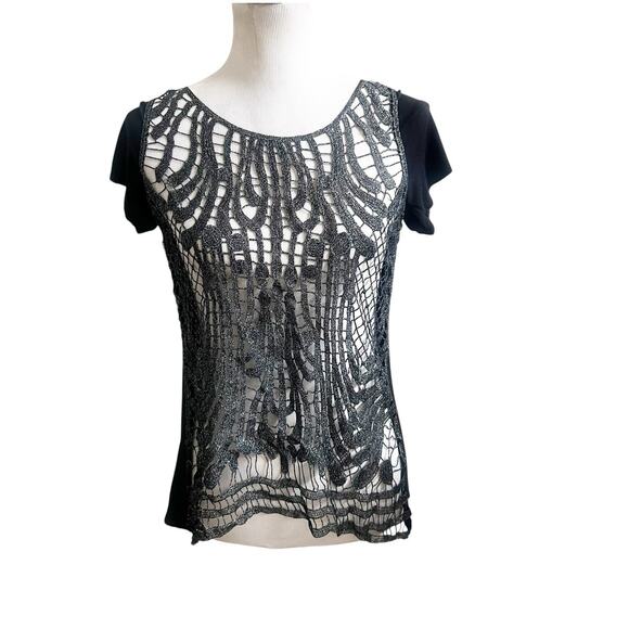 Daytrip Tops - Daytrip Whimsygoth Top Y2K Open Knit Metallic Size Medium Black Silver